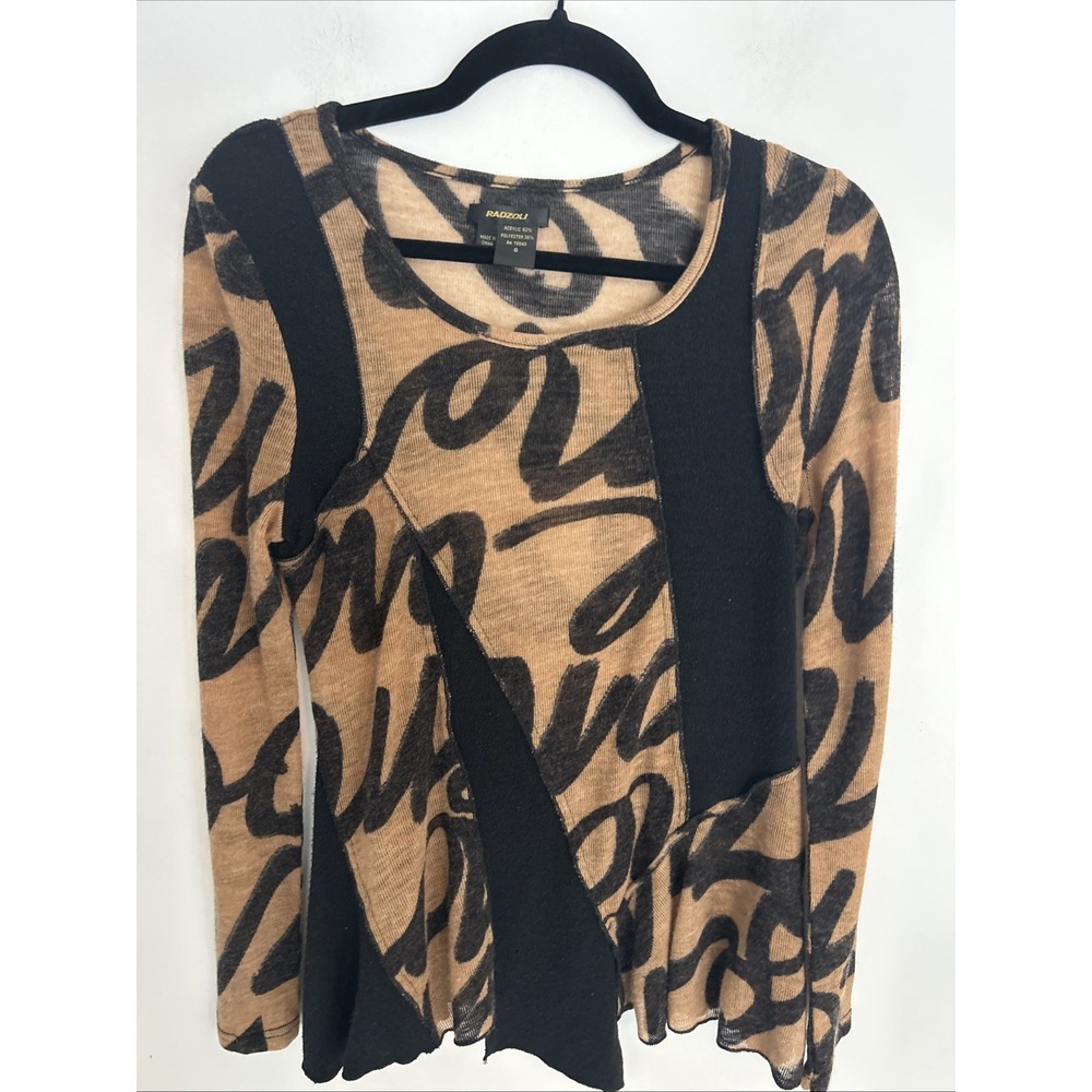 Radzoli Women's S Long Sleeve Tan Black Art To Wear Pull Over Top‎
